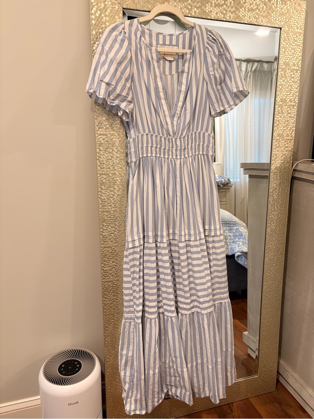Anthropologie Blue and White Striped V-Neck Tiered Maxi Dress